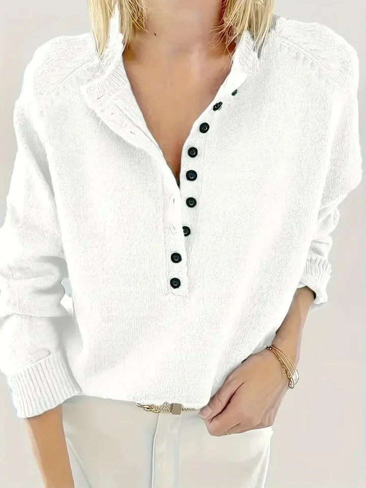 Women's Half-Button V-Neck Long Sleeve Knit Sweater