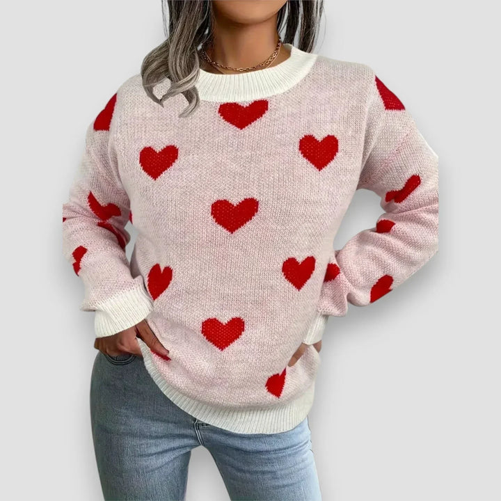 Women's Heart Print Long-Sleeve Knit Sweater – Crew Neck And Ribbed Cuffs