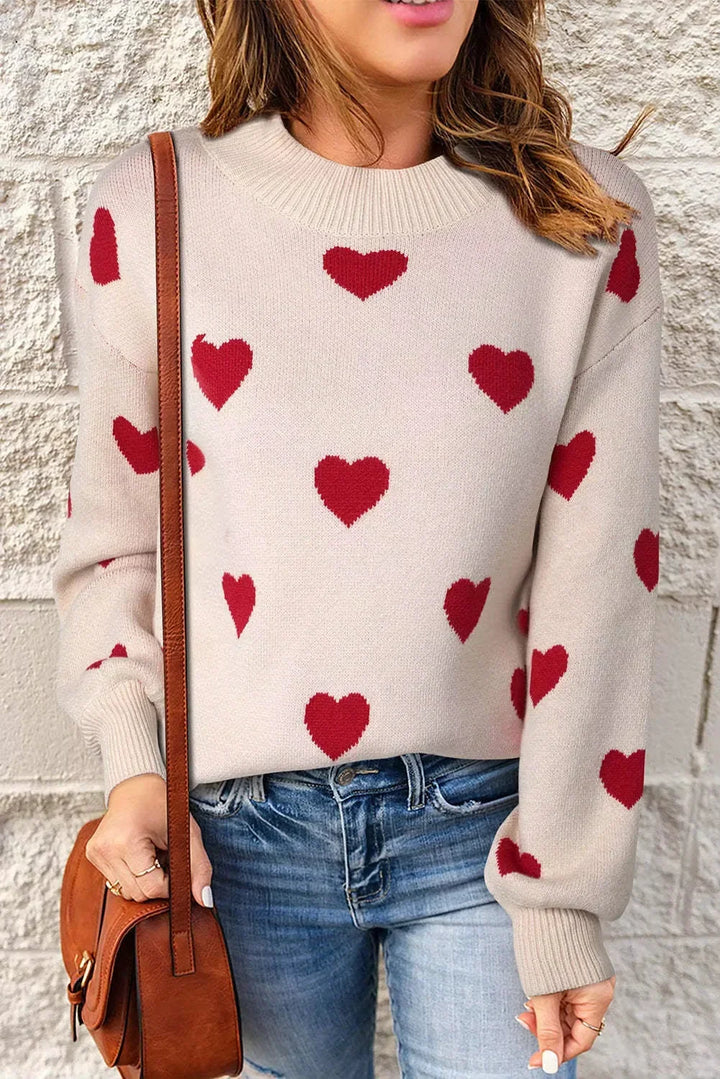 Women's Heart Print Long-Sleeve Knit Sweater – Crew Neck And Ribbed Cuffs