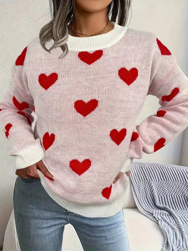 Women's Heart Print Long-Sleeve Knit Sweater – Crew Neck And Ribbed Cuffs