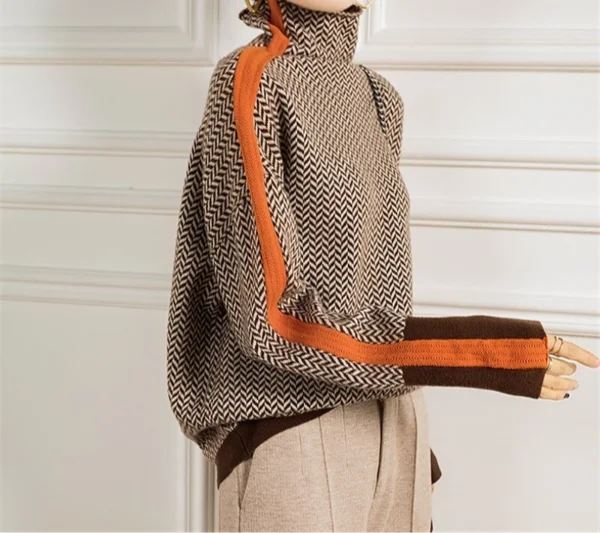 Women's Herringbone Colorblock Long-Sleeve Sweater – Turtleneck