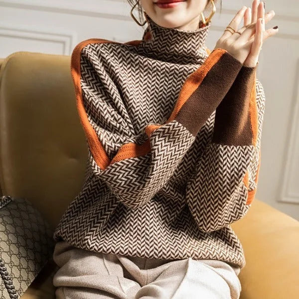 Women's Herringbone Colorblock Long-Sleeve Sweater – Turtleneck