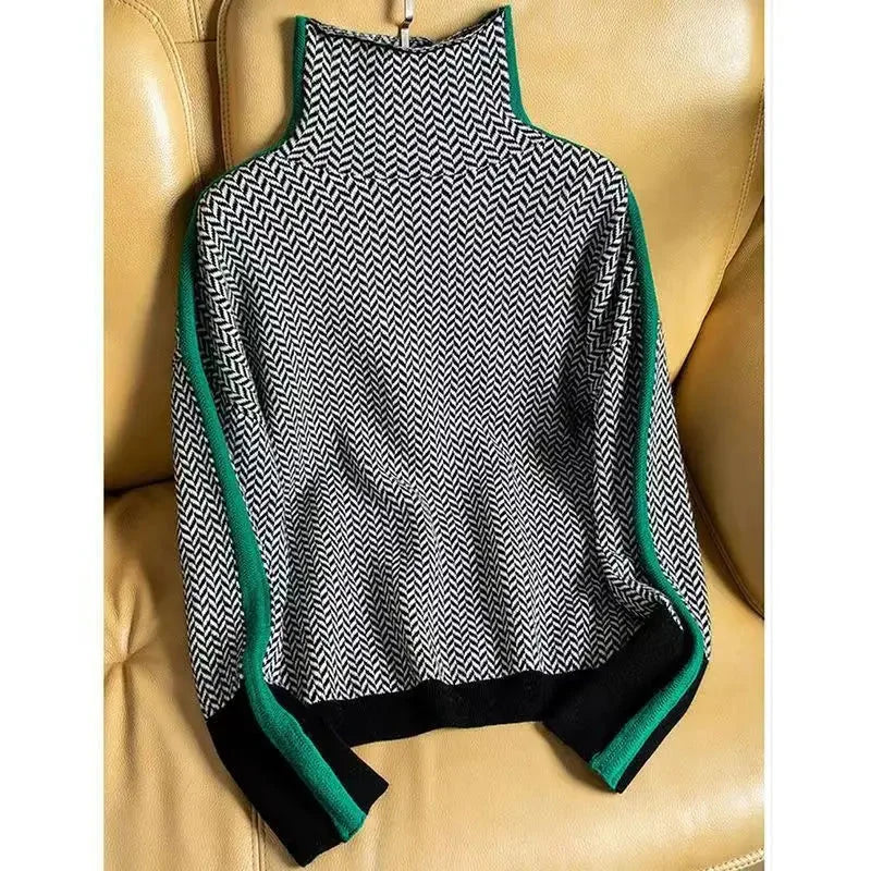 Women's Herringbone Colorblock Long-Sleeve Sweater – Turtleneck