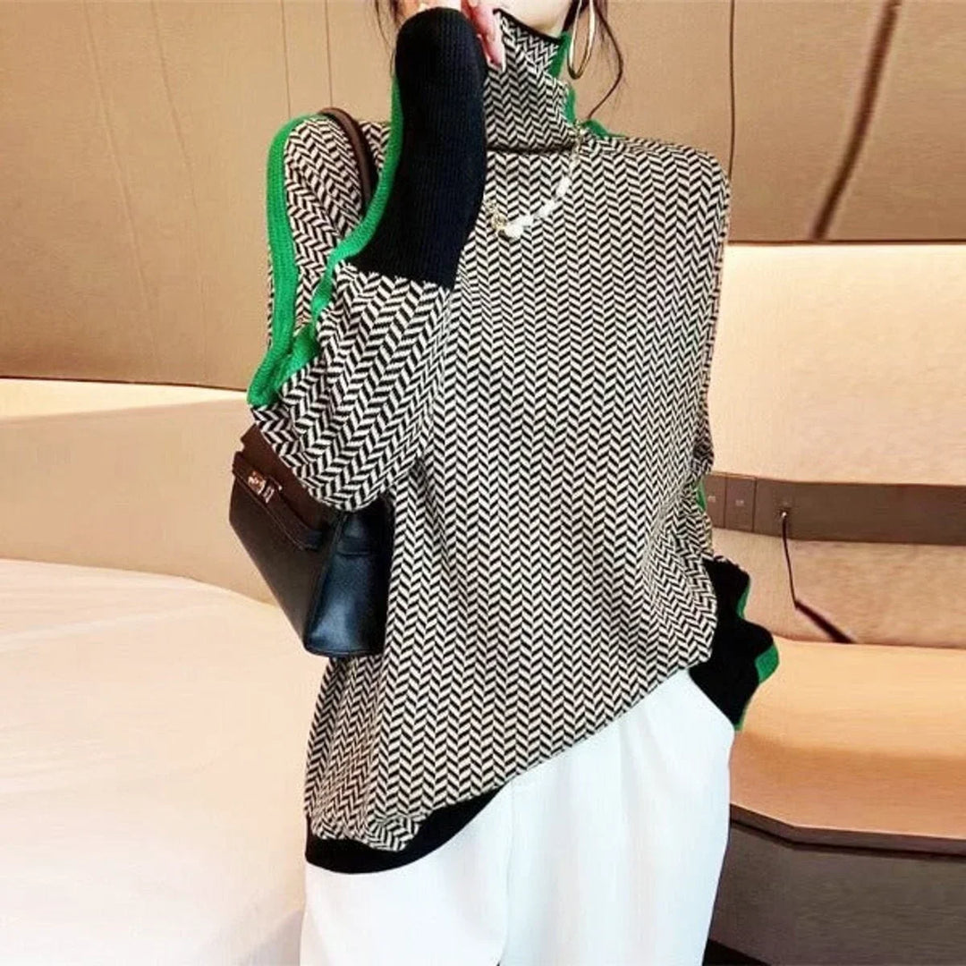 Women's Herringbone Contrast-Trim Oversized Turtleneck Sweater