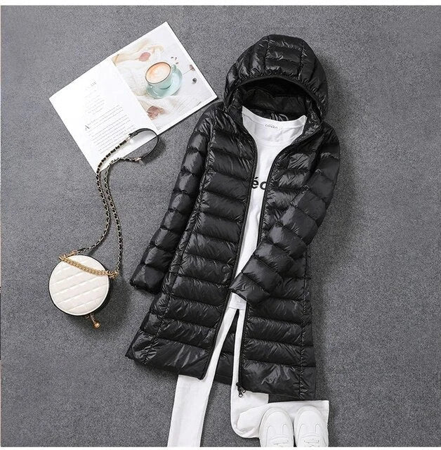 Women's Hooded Long Down Jacket – Full-Length Coverage