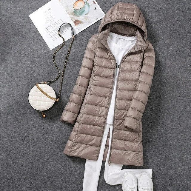 Women's Hooded Long Down Jacket – Full-Length Coverage