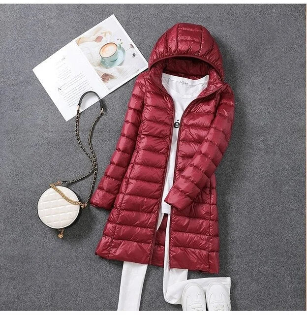 Women's Hooded Long Down Jacket – Full-Length Coverage