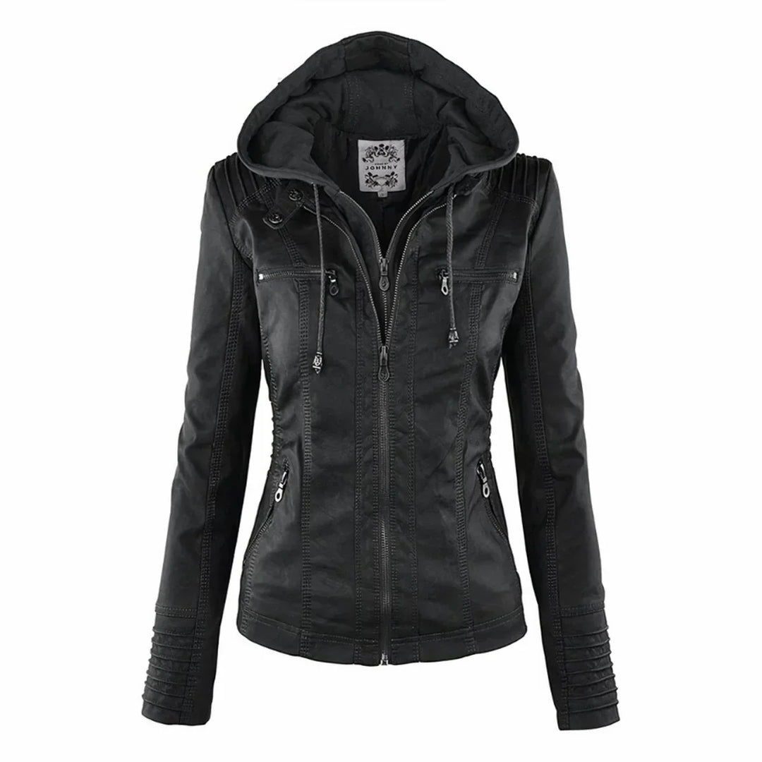 Women's Hooded Moto Faux Leather Jacket Removable Hood