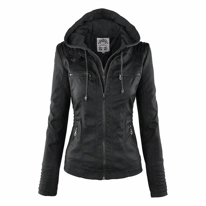 Women's Hooded Moto Faux Leather Jacket Removable Hood