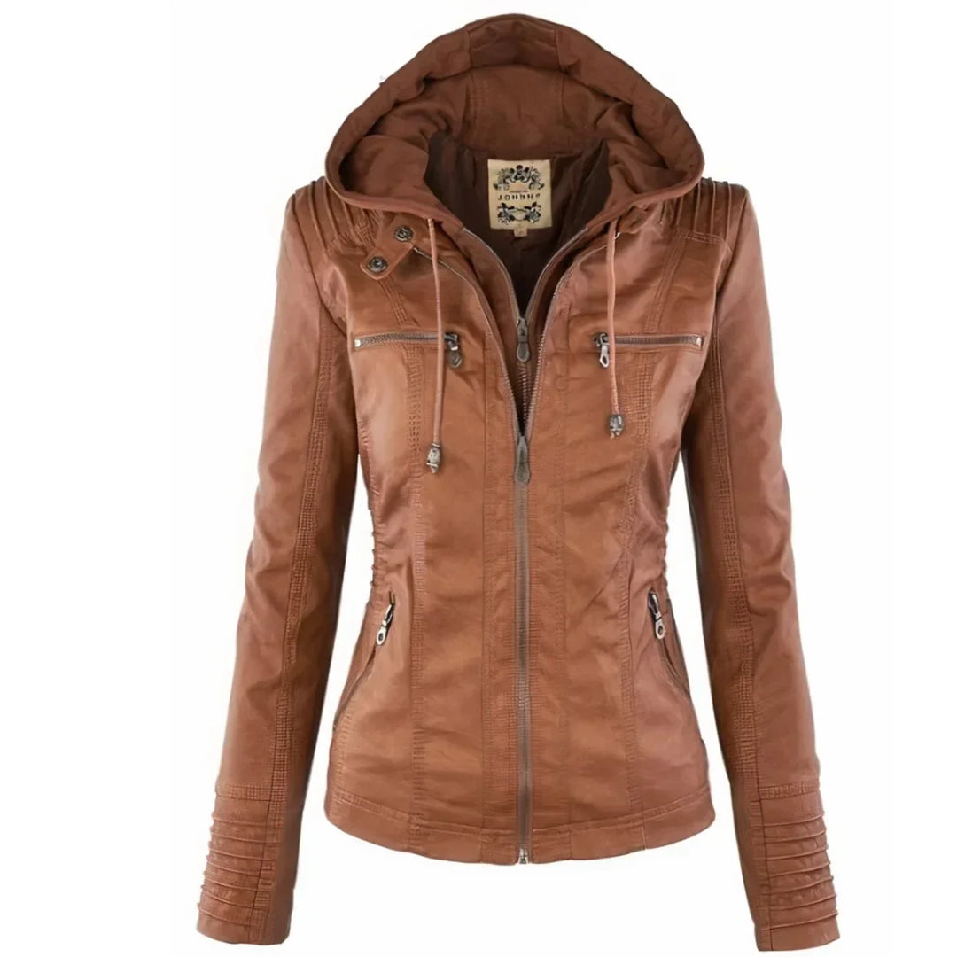 Women's Hooded Moto Faux Leather Jacket Removable Hood