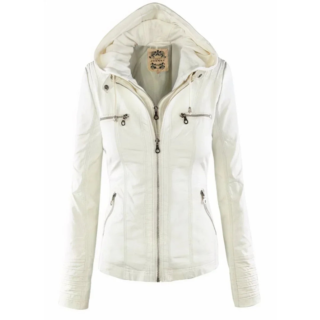 Women's Hooded Moto Faux Leather Jacket Removable Hood