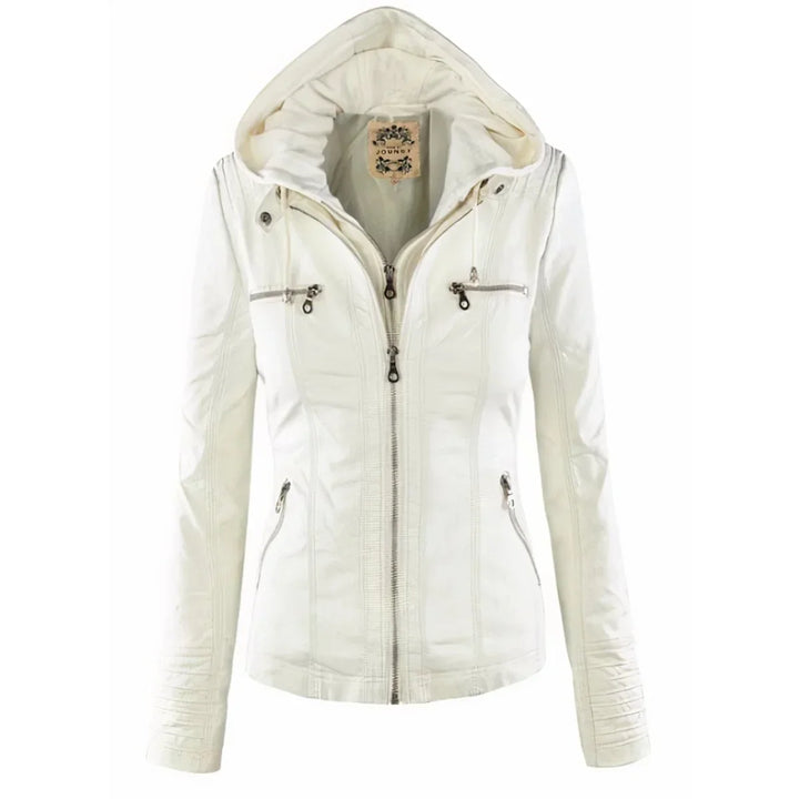 Women's Hooded Moto Faux Leather Jacket Removable Hood