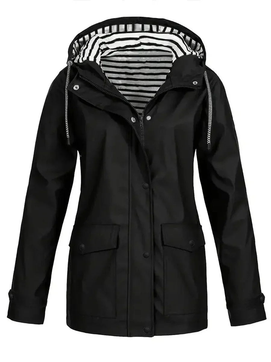 Women's Hooded Striped-Lined Zip-Up Waterproof Rain Coat