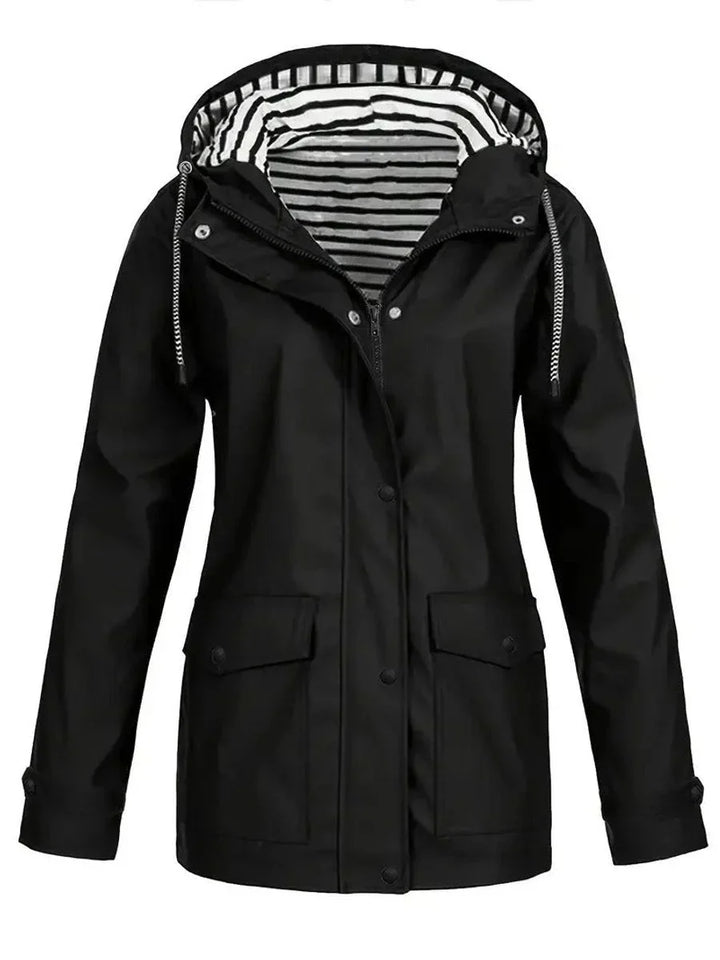 Women's Hooded Striped-Lined Zip-Up Waterproof Rain Coat
