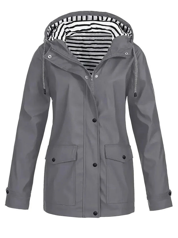 Women's Hooded Striped-Lined Zip-Up Waterproof Rain Coat