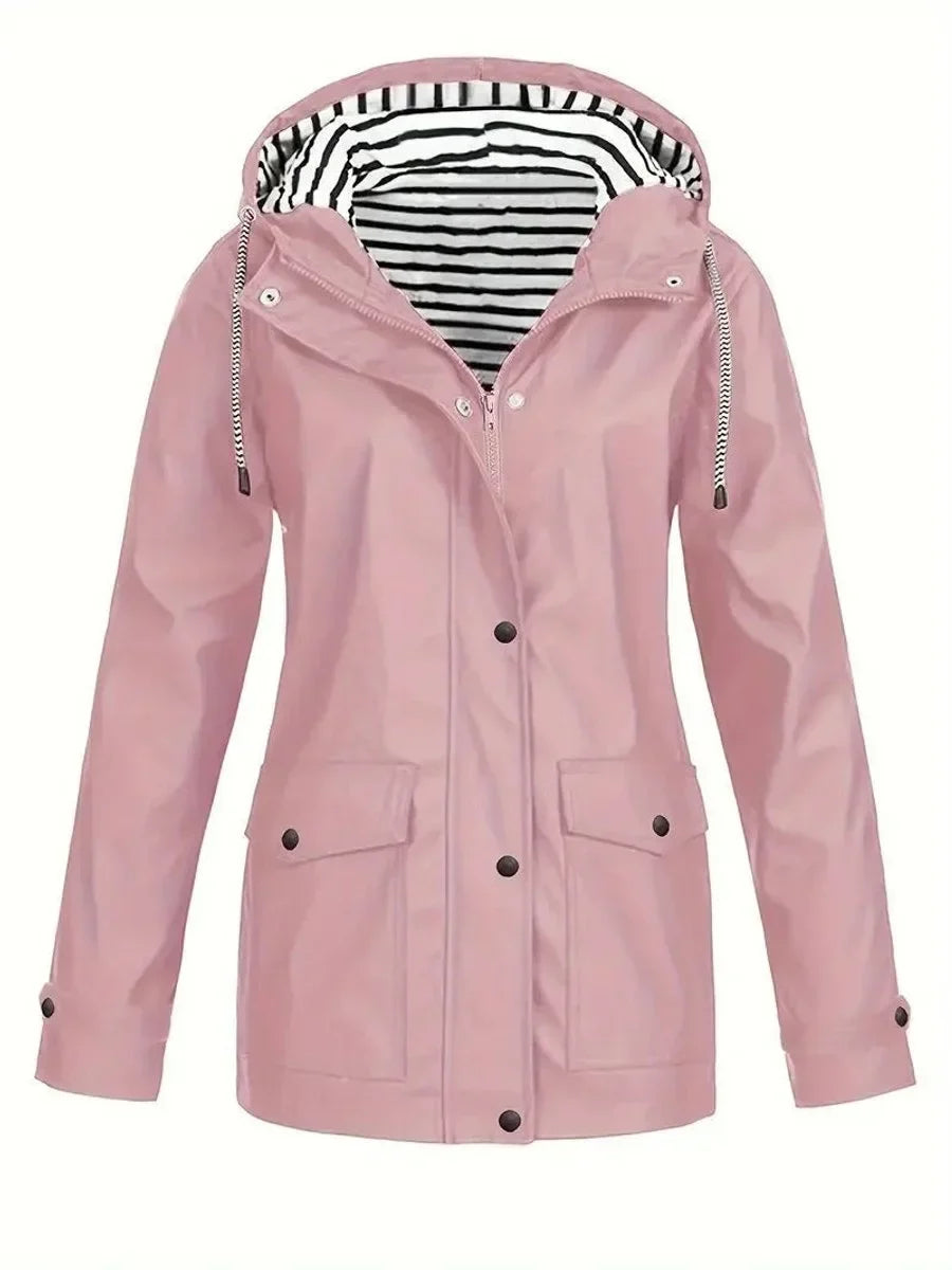 Women's Hooded Striped-Lined Zip-Up Waterproof Rain Coat