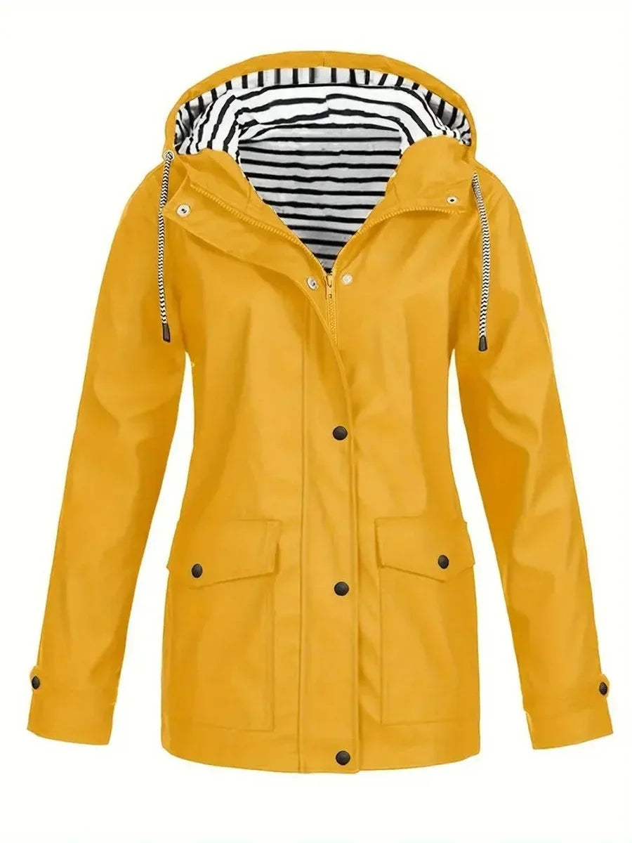 Women's Hooded Striped-Lined Zip-Up Waterproof Rain Coat