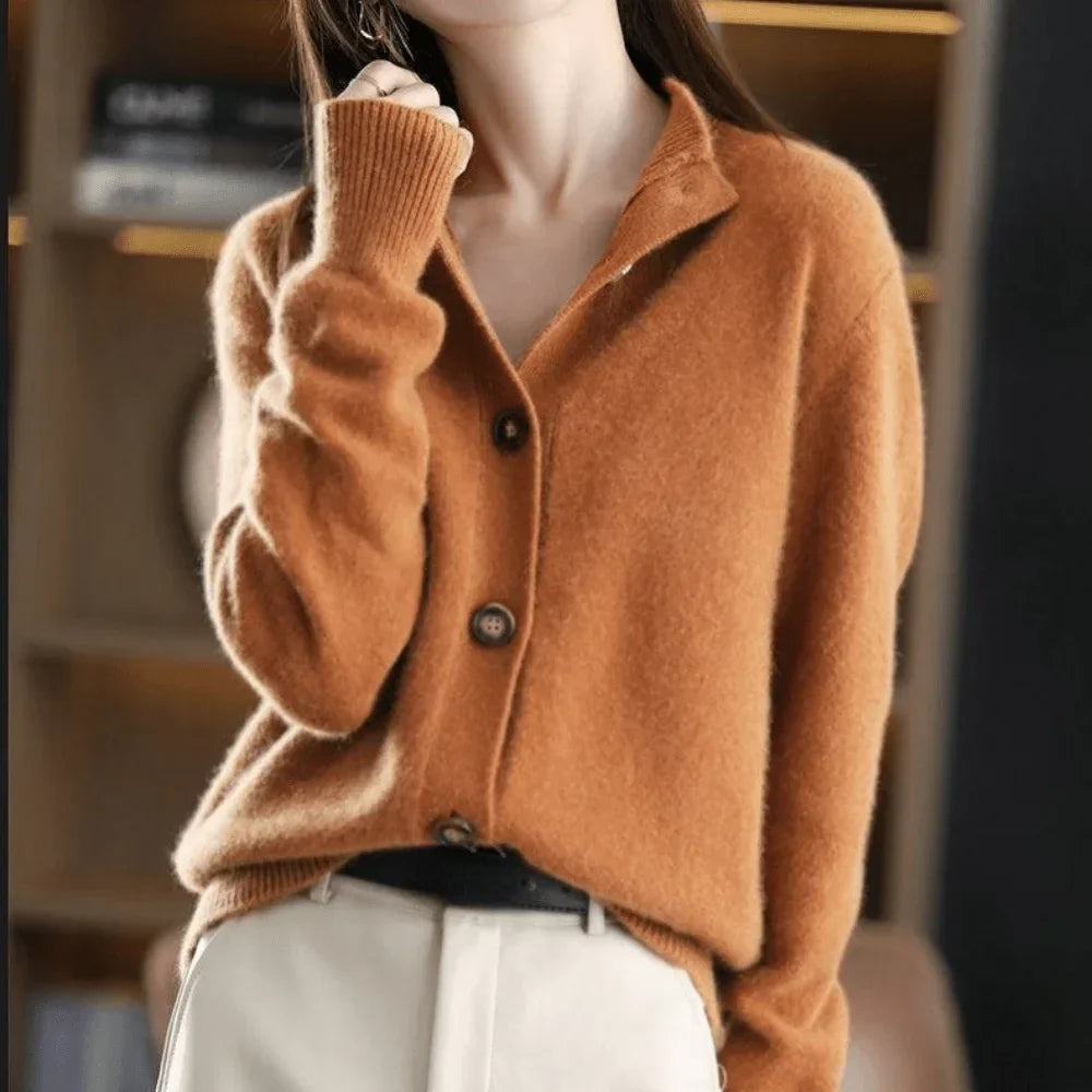 Women's Knit Button-Front Cardigan Sweater – Stand-Collar And Ribbed Cuffs