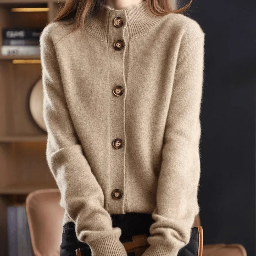 Women's Knit Button-Front Cardigan Sweater – Stand-Collar And Ribbed Cuffs