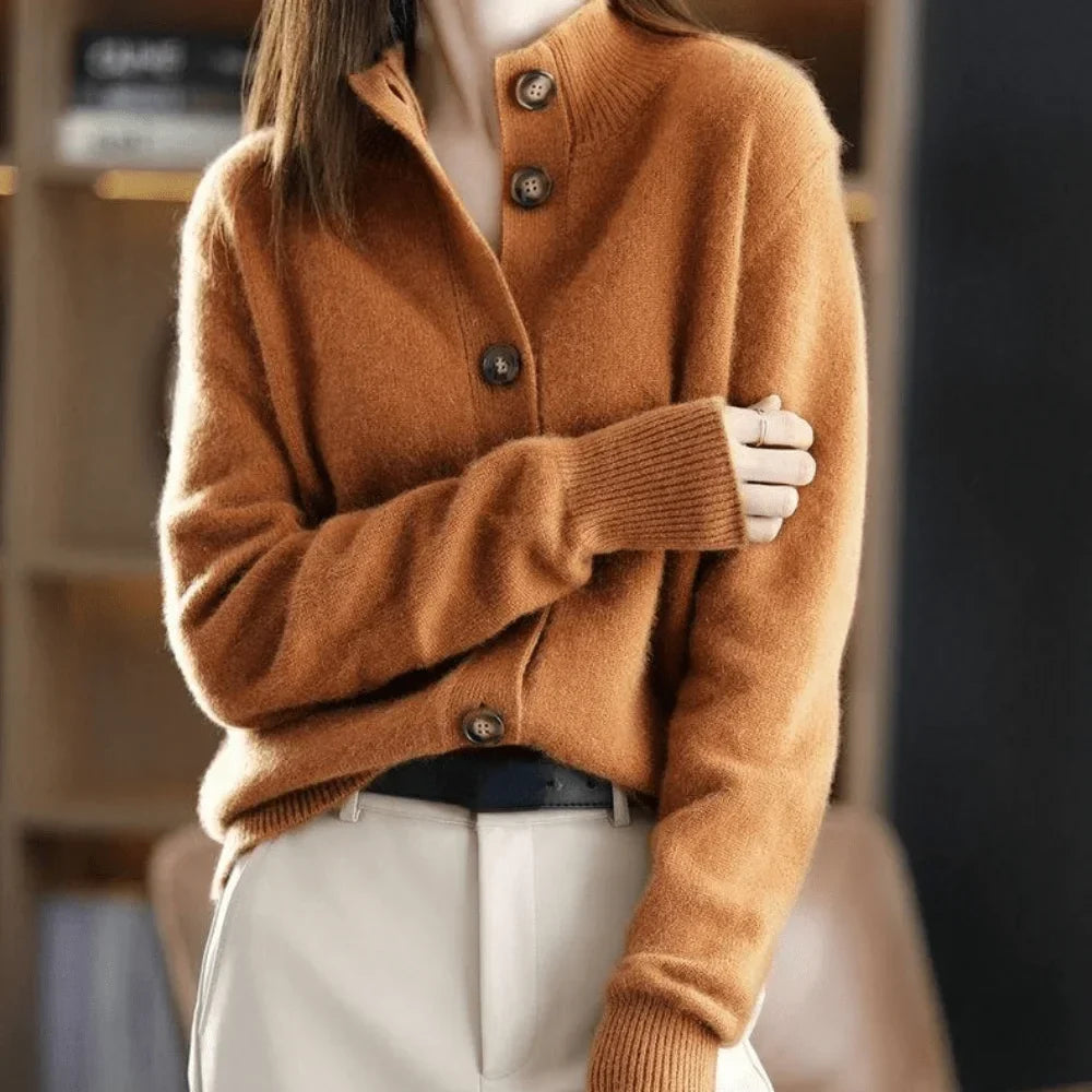 Women's Knit Button-Front Cardigan Sweater – Stand-Collar And Ribbed Cuffs