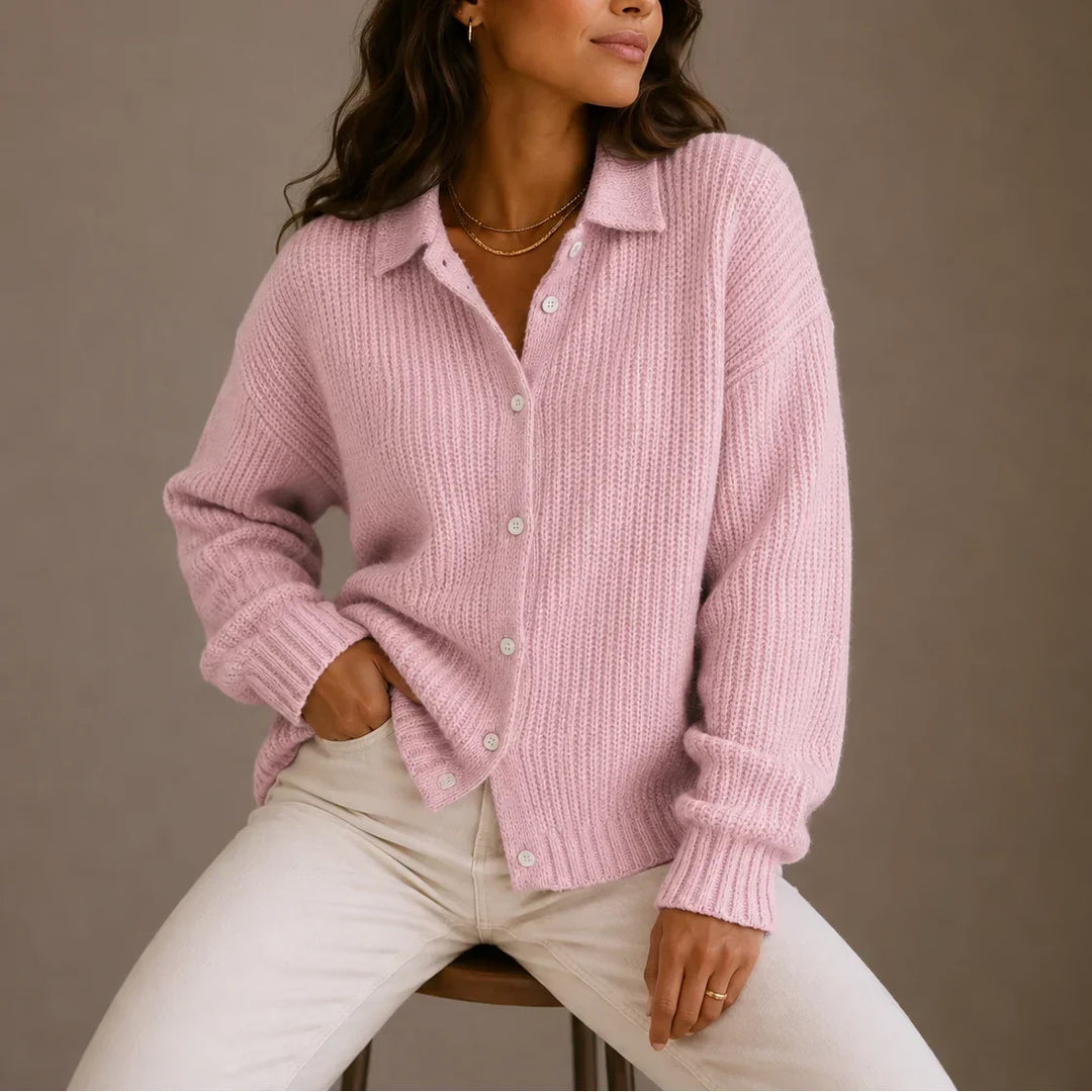Women's Relaxed Collared Button-Up Knit Cardigan