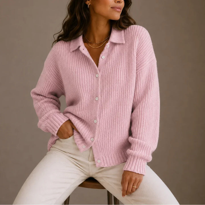 Women's Relaxed Collared Button-Up Knit Cardigan