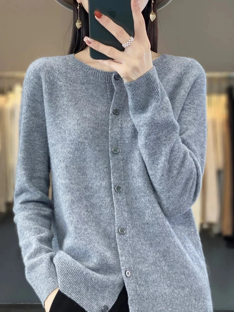Women's Knit Crew-Neck Cardigan Sweater – Button-Front Closure And Long Sleeves