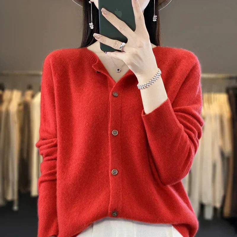 Women's Knit Crew-Neck Cardigan Sweater – Button-Front Closure And Long Sleeves