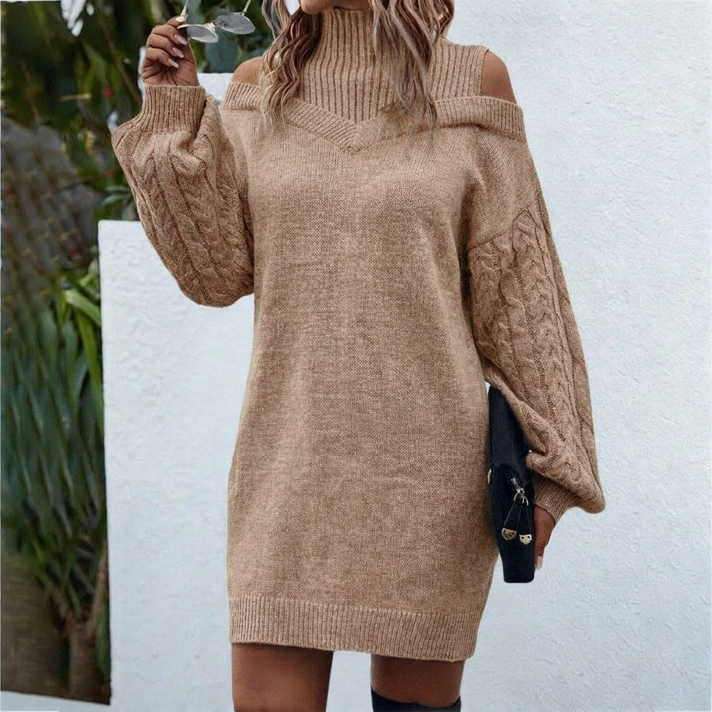 Women's Midi Dress – Ribbed Knit Roll-Neck