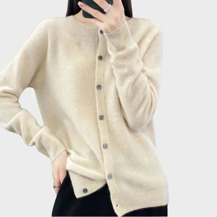 Women's Knit Long-Sleeve Cardigan Sweater – Crew-Neck Button Closure