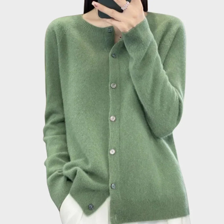 Women's Knit Long-Sleeve Cardigan Sweater – Crew-Neck Button Closure