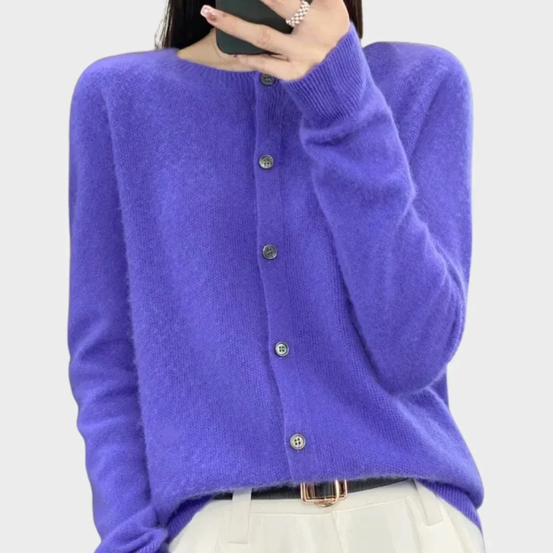Women's Knit Long-Sleeve Cardigan Sweater – Crew-Neck Button Closure