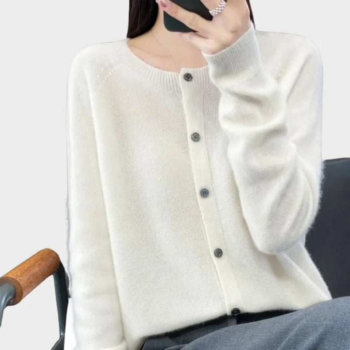 Women's Knit Long-Sleeve Cardigan Sweater – Crew-Neck Button Closure