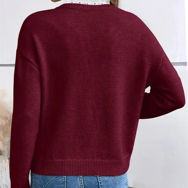 Women's Knit Long-Sleeve Sweater – V-Neck And Lace-Trim