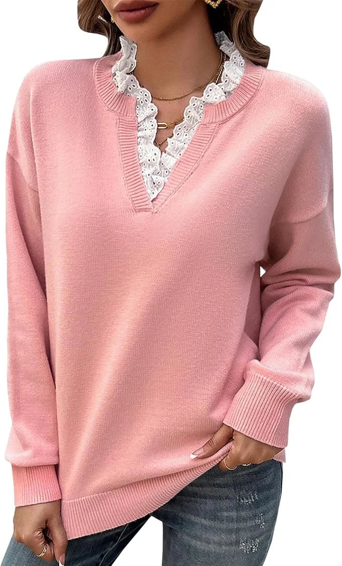 Women's Knit Long-Sleeve Sweater – V-Neck And Lace-Trim