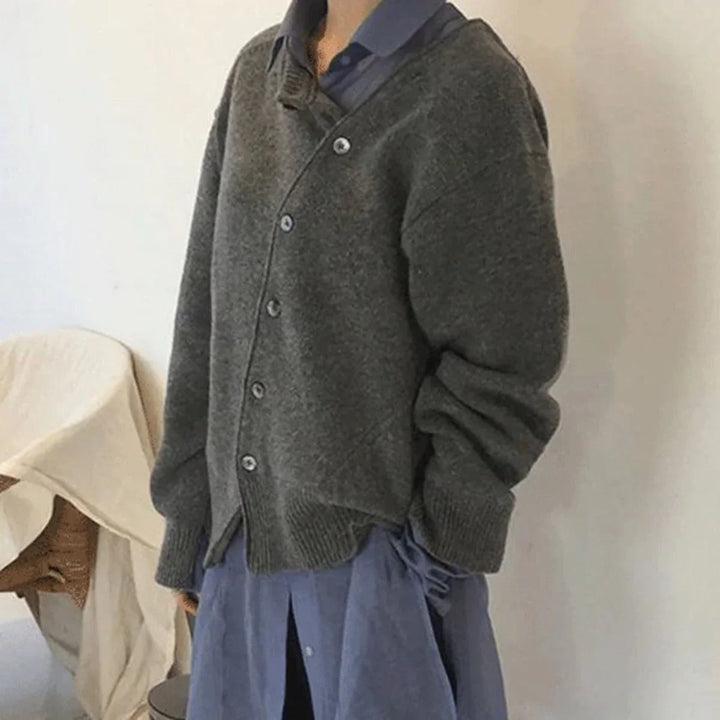 Women's Knit Loose-Fit Cardigan Sweater – Asymmetric Button Closure