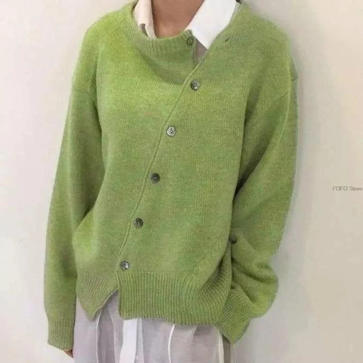 Women's Knit Loose-Fit Cardigan Sweater – Asymmetric Button Closure