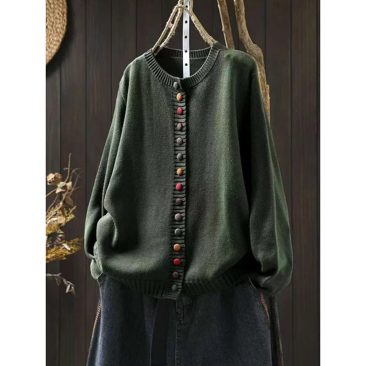 Women's Knit Loose-Fit Cardigan Sweater – Multicolor Button-Front And Crew-Neck