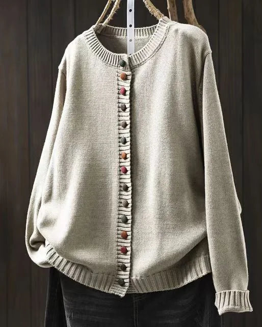 Women's Knit Loose-Fit Cardigan Sweater – Multicolor Button-Front And Crew-Neck