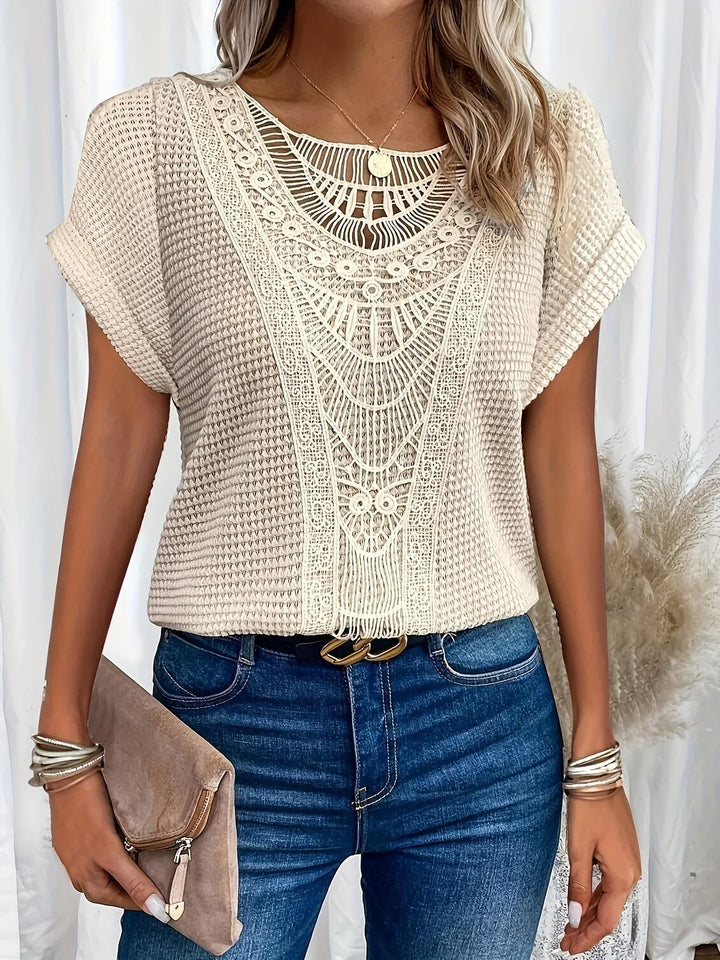 Women's Knit Short-Sleeve Top – Round-Neck And Crochet Yoke Detail