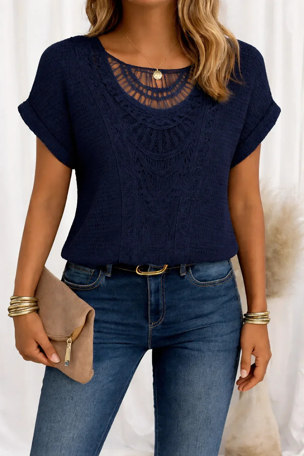 Women's Knit Short-Sleeve Top – Round-Neck And Crochet Yoke Detail