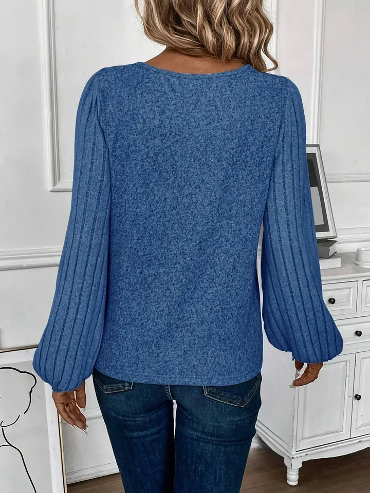 Women's Knit Sweater – V-Neck And Ribbed Lantern Sleeves