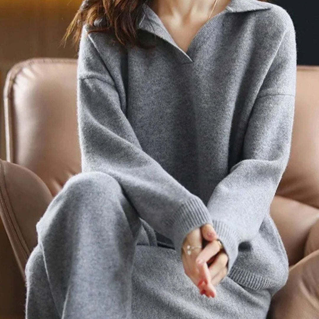 Women's Matching Outfit – Collared Jumper & Wide-Leg Trouser Set