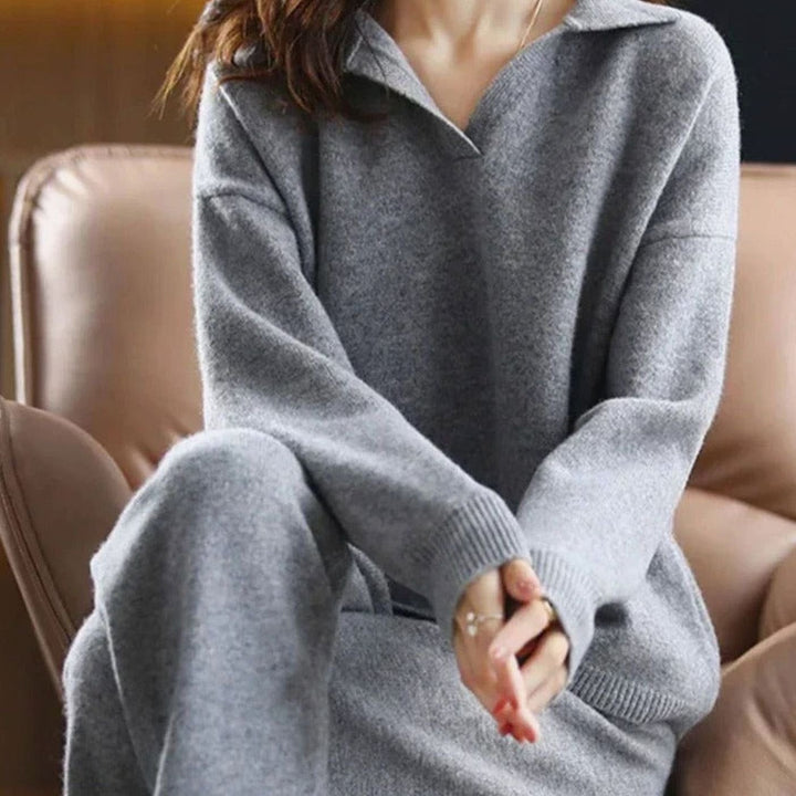 Women's Matching Outfit – Collared Jumper & Wide-Leg Trouser Set