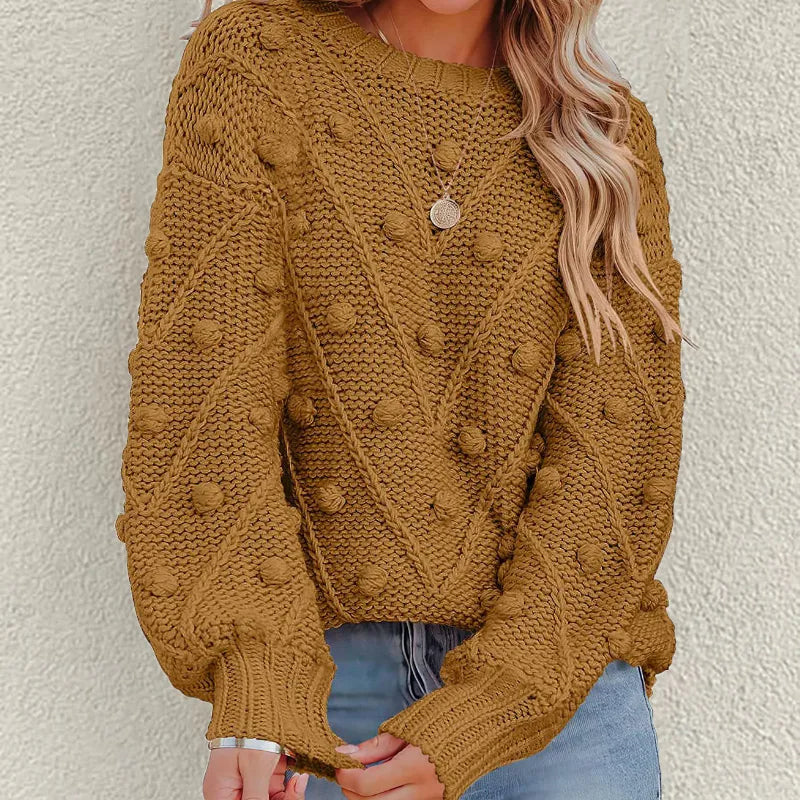 Women's Jumper – Chunky Cable Knit Bobble Balloon Sleeve