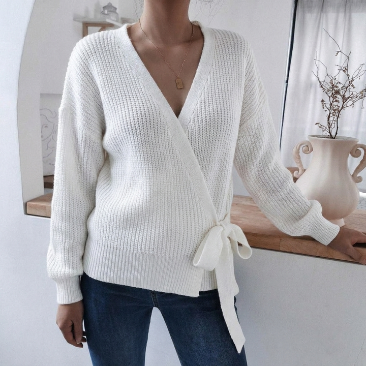 Women's Jumper – Wrap Knit V-Neck Tie Waist