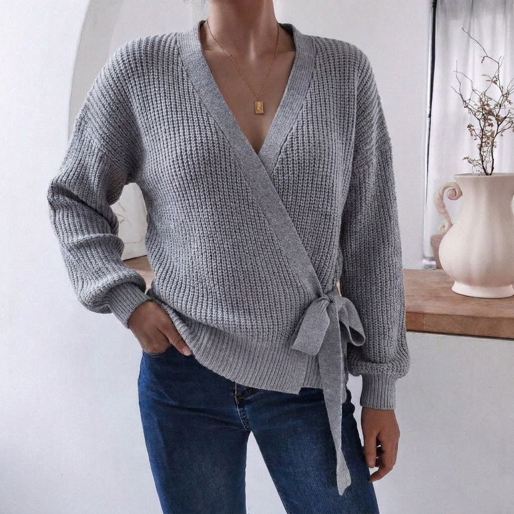 Women's Jumper – Wrap Knit V-Neck Tie Waist