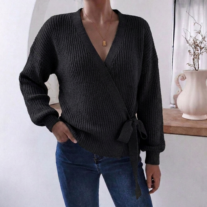 Women's Jumper – Wrap Knit V-Neck Tie Waist