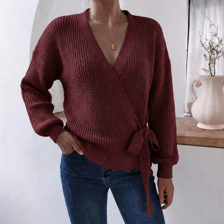 Women's Jumper – Wrap Knit V-Neck Tie Waist