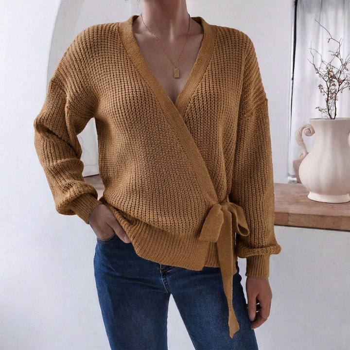 Women's Jumper – Wrap Knit V-Neck Tie Waist